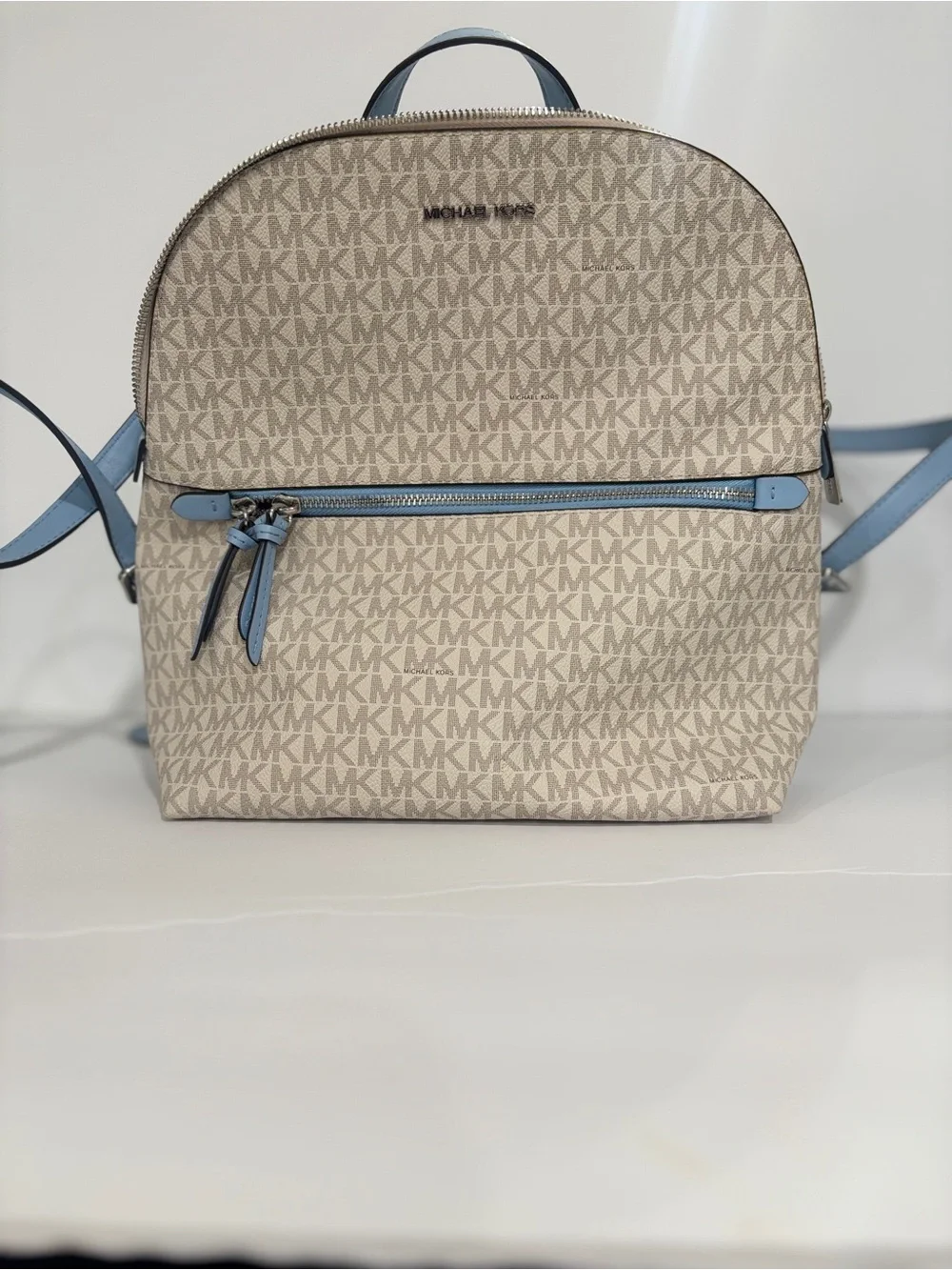 Michael Kors Beige MK Monogram Backpack with Light Blue Trim